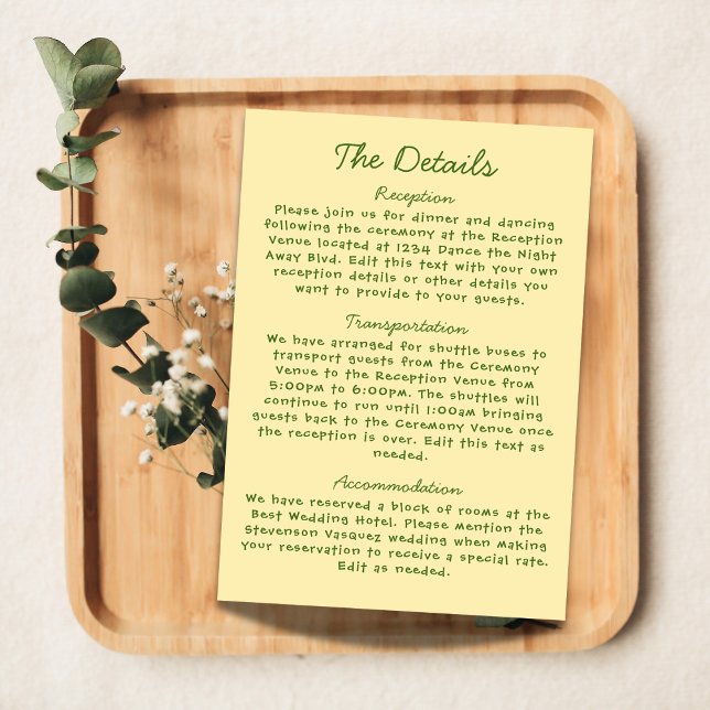 Simple Yellow & Green Handwritten Wedding Details Enclosure Card (Creator Uploaded)