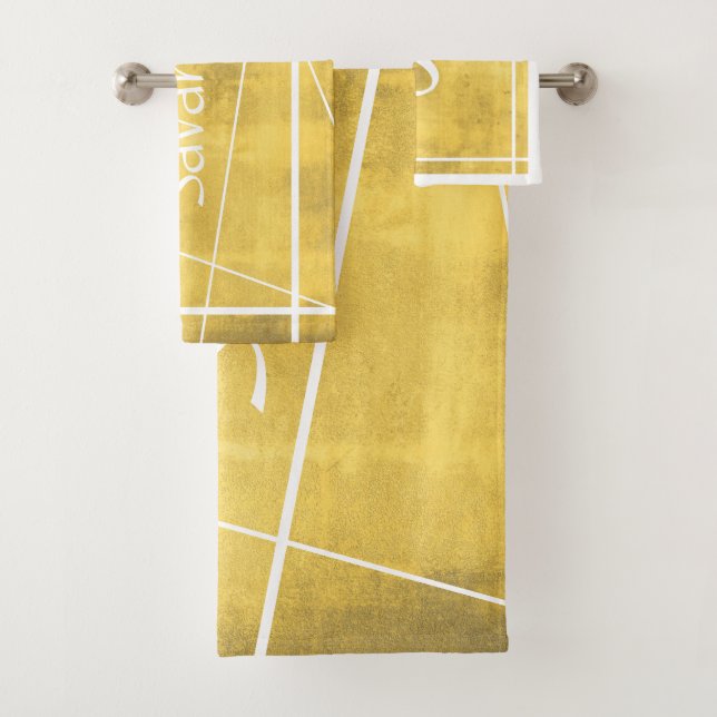 Simple Yellow Grey Abstract Your Name striped Bath Towel Set (Insitu)
