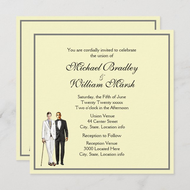 Simple Yellow Groom and Groom Gay Wedding Invite (Front/Back)
