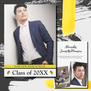 Simple Yellow Jacket Black 3 Photo Graduation  Announcement