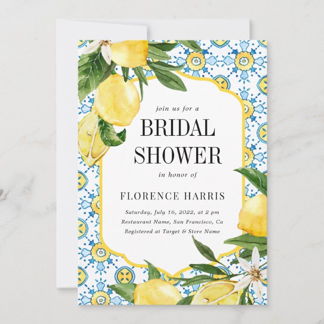 Simple Yellow Lemon Mediterranean Bridal Shower Invitation (Front)