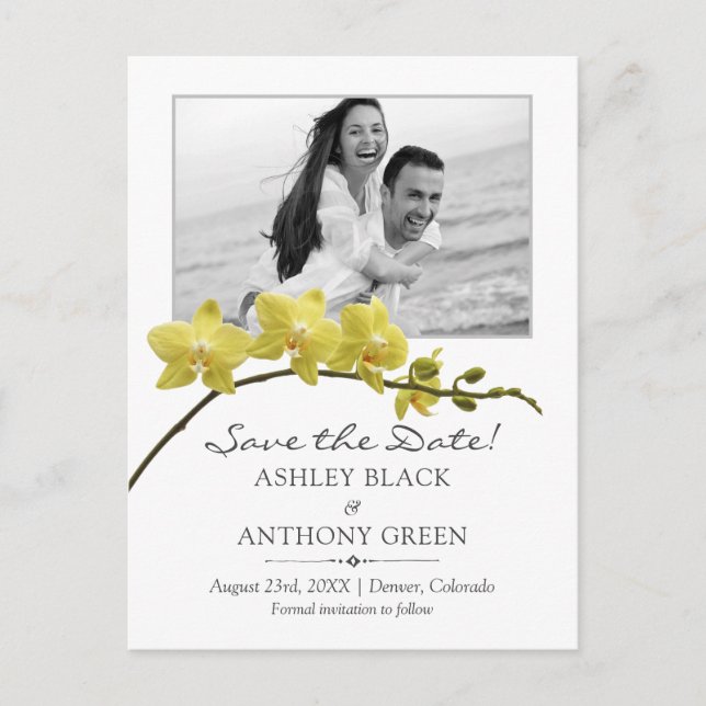 Simple Yellow Orchid Photo Wedding Save the Date Announcement Postcard (Front)