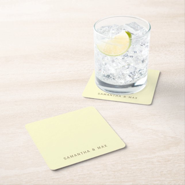 Simple Yellow Personalised Modern Wedding Square Paper Coaster (Insitu)