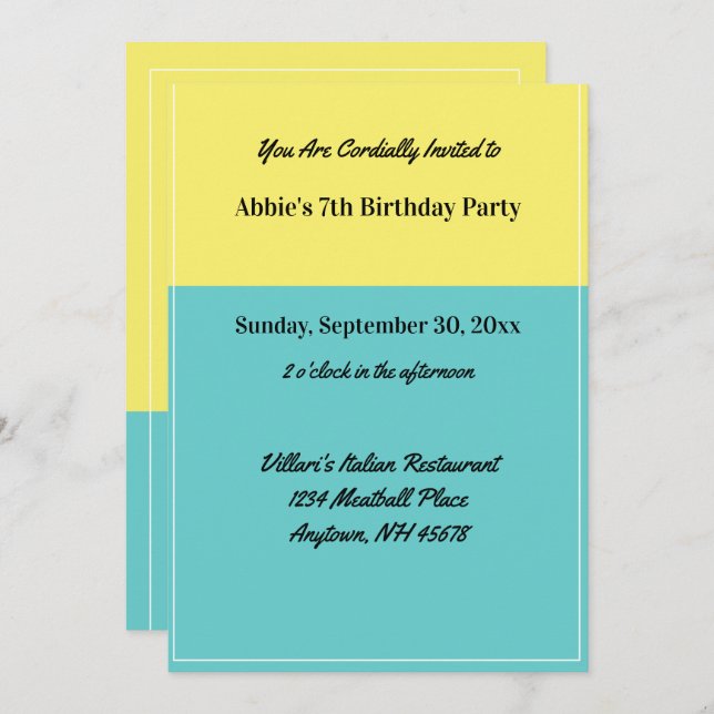 Simple Yellow Pool Blue Birthday Party Restaurant Invitation (Front/Back)