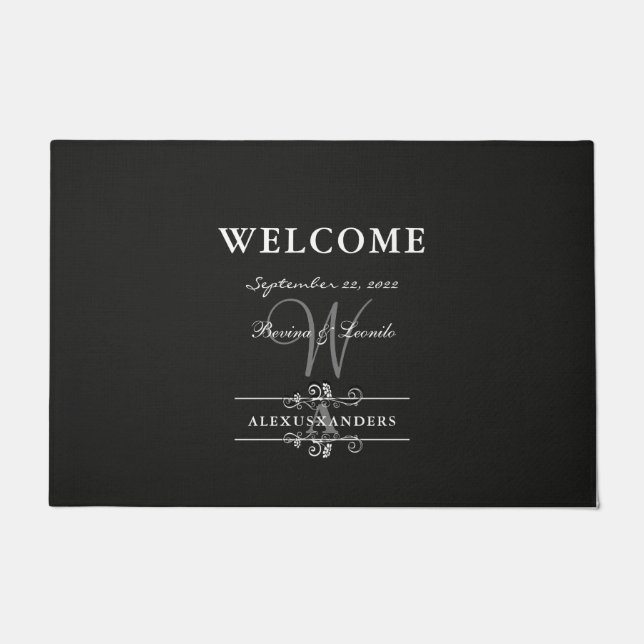 Simple Yet Elegant: Black Linen w/ Monogram  Doormat (Front)