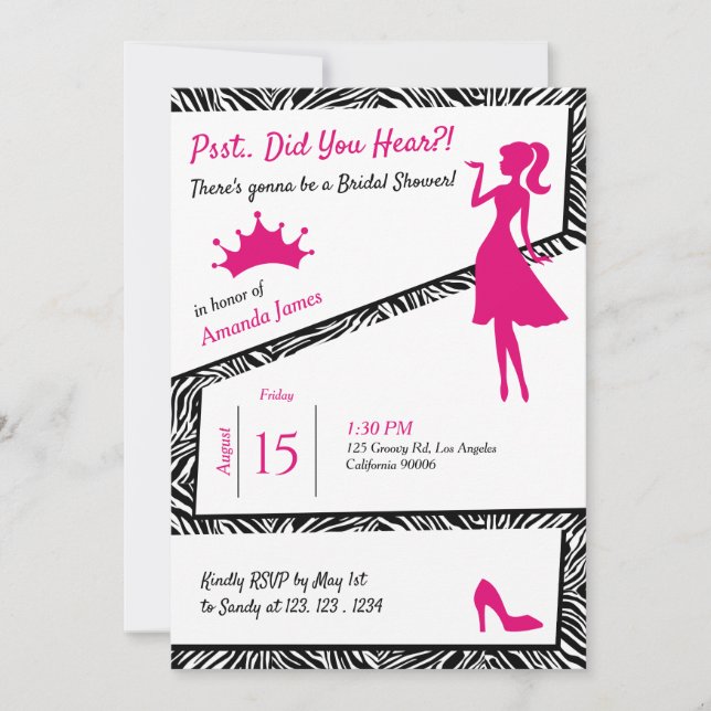 Simple Zebra with Pink Details Bridal Shower Invitation (Front)