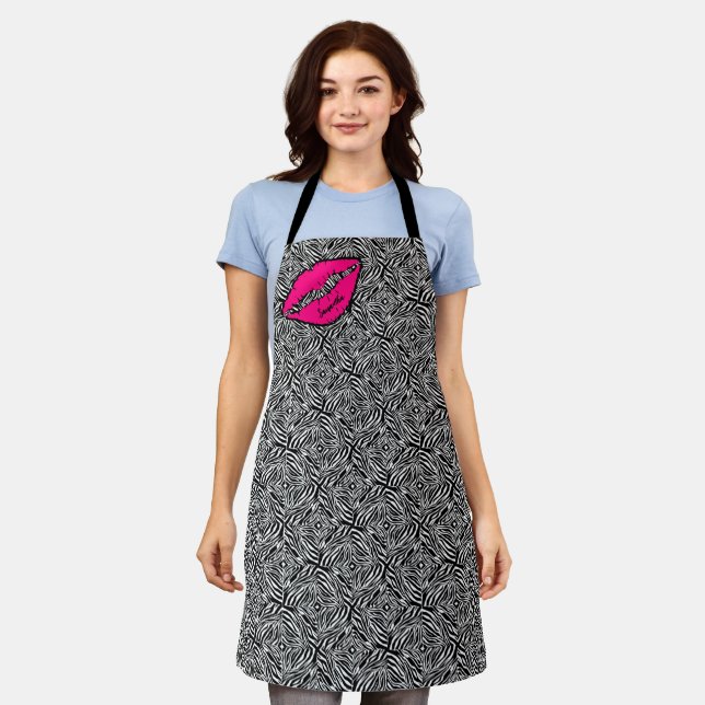 Simple Zebra with Pink Lips Personalised Apron (Worn)