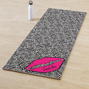 Simple Zebra with Pink Lips Personalised Black Yoga Mat