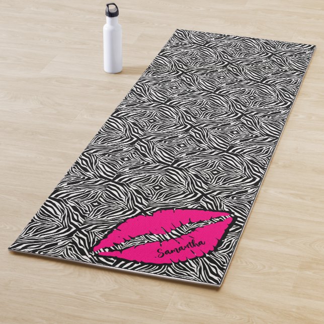 Simple Zebra with Pink Lips Personalised Black Yoga Mat (In Situ)