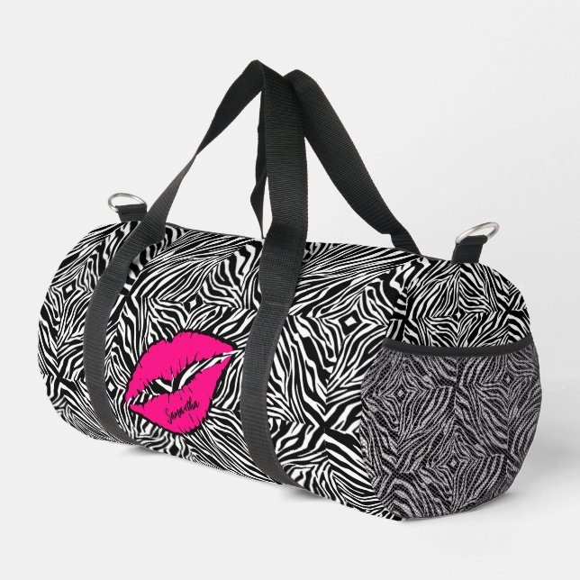 Simple Zebra with Pink Lips Personalised Duffle Bag (Right Corner)