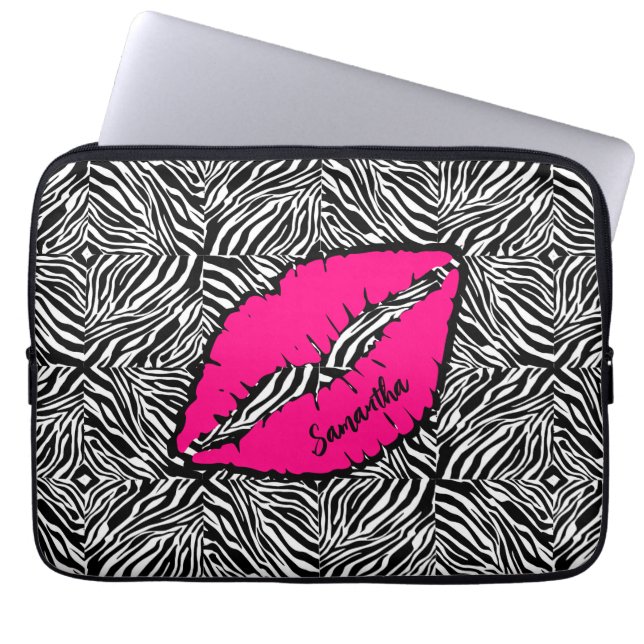 Simple Zebra with Pink Lips Personalised Laptop Sleeve (Front)
