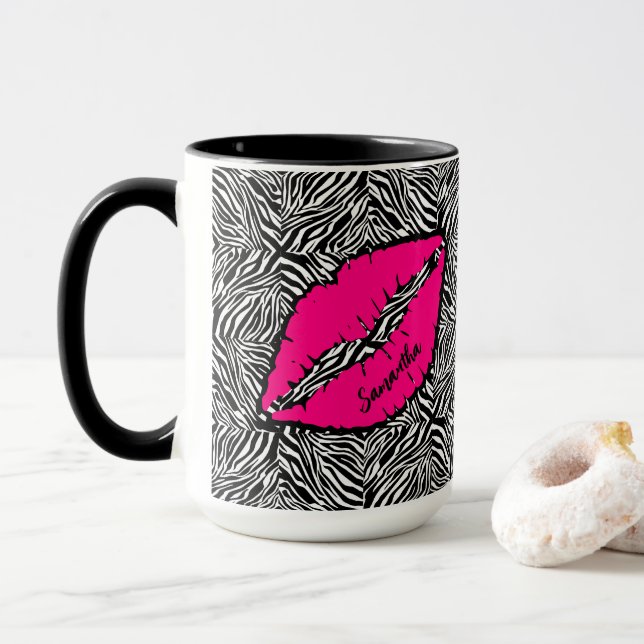 Simple Zebra with Pink Lips Personalised Mug (With Donut)