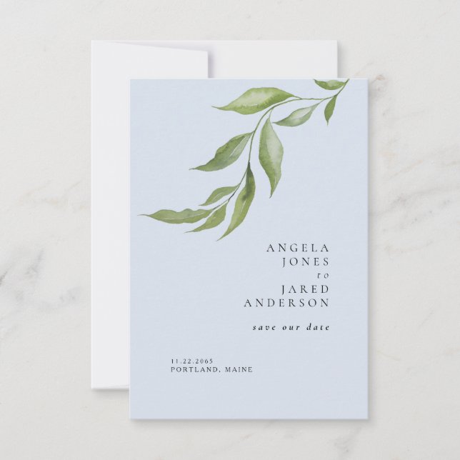 Simplicity Foliage Dusty Blue Wedding  Save The Date (Front)