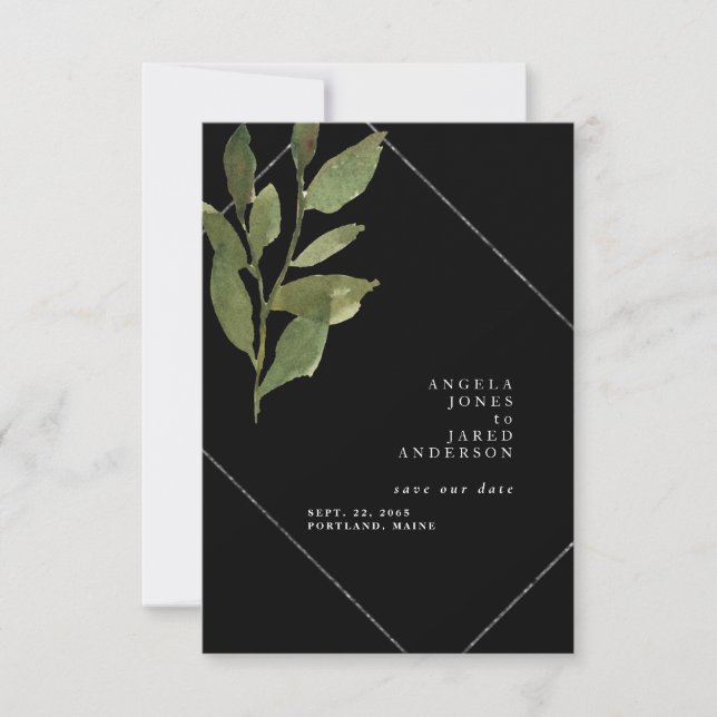 Simplicity & Greenery Black Wedding  Save The Date (Front)