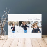 Simplicity | Hanukkah Photo Collage Card<br><div class="desc">Send Hanukkah greetings to friends and family with our elegant photo cards. Designed to accommodate three of your favourite square photos arranged side by side in a collage format, card features your custom Hanukkah greeting (shown with "Joyous Hanukkah") and family name(s). Cards reverse to a subtle watercolor stripe pattern in...</div>