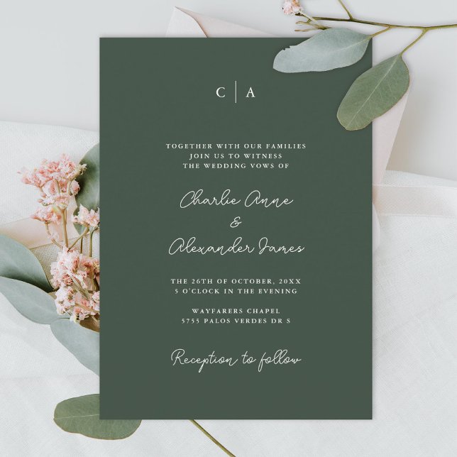Simplicity | Monogram Minimalist Green Wedding Invitation (Creator Uploaded)