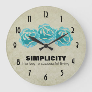 Simplicity Typography Quote with Teal Roses Large Clock