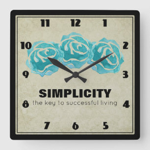 Simplicity Typography Quote with Teal Roses Square Wall Clock