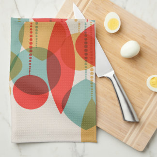 Simplified Retro Ornaments red, tan, blue Kitchen Tea Towel
