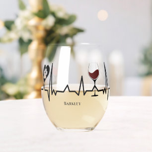 Simplistic Black Paws and Red Wine Heartbeat Stemless Wine Glass