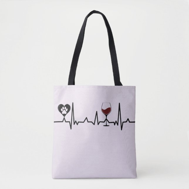 Simplistic Black Paws and Wine Heartbeat Tote Bag (Front)