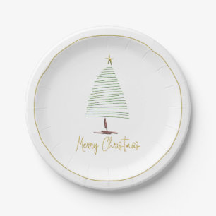 Simplistic Christmas Tree Gold Text Line Holiday Paper Plate