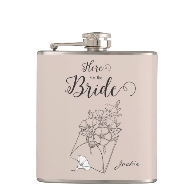 Simplistic Flower in Package Here for the Bride  Hip Flask (Front)