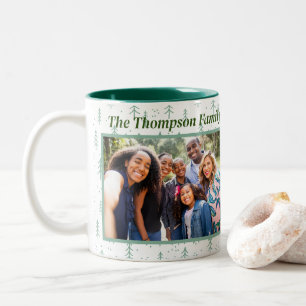 Simplistic Green Christmas Tree Family Photo  Two-Tone Coffee Mug