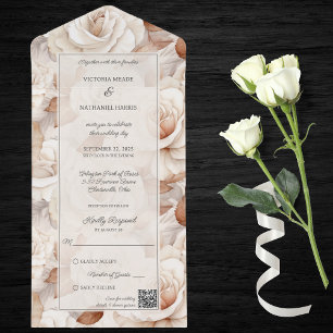 Simplistic Ivory & Rust Roses QR Code All In One Invitation