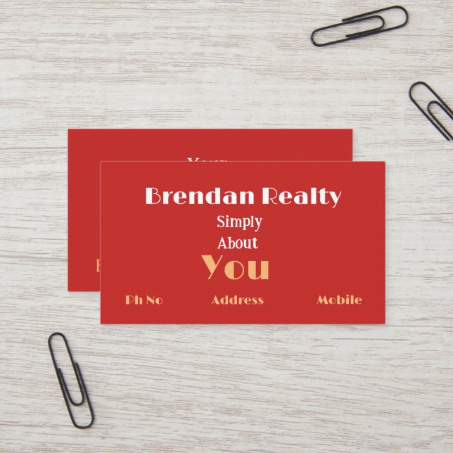 Simplistic Red Gold RealEstate Business Cards (Front/Back In Situ)
