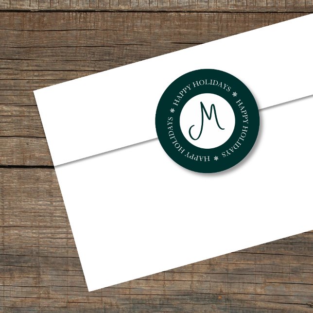 Simplistic Snowflakes Happy Holidays Dark Green Classic Round Sticker (Creator Uploaded)