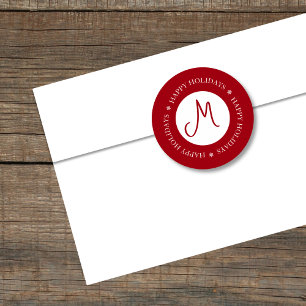 Simplistic Snowflakes Happy Holidays Red Monogram Classic Round Sticker