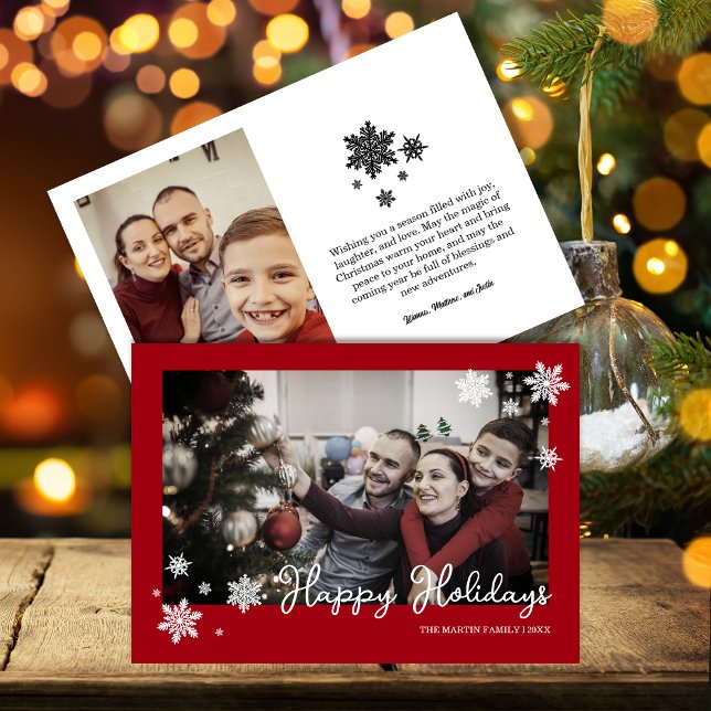 Simplistic Snowflakes Red Photo Holiday Card (Creator Uploaded)