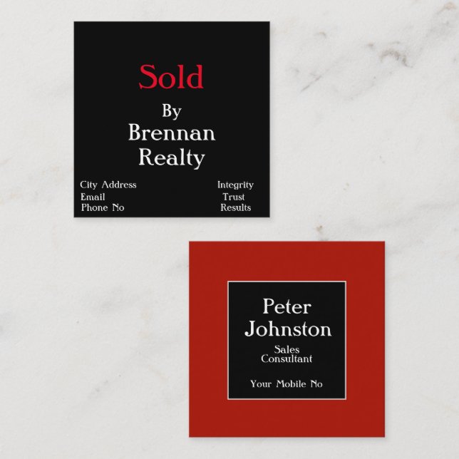 Simplistic Square Black/Red Realty Business Card (Front/Back)