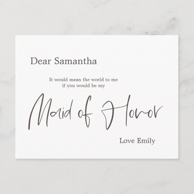 Simplistic Stylish Script Maid of Honour Request Postcard (Front)