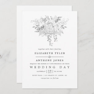 Simplistic White and Silver Vintage Roses Wedding Invitation