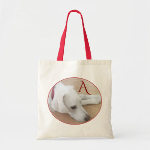 Simply Adorable Single Initial White Dog Red Tote Bag