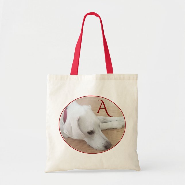 Simply Adorable Single Initial White Dog Red Tote Bag (Front)
