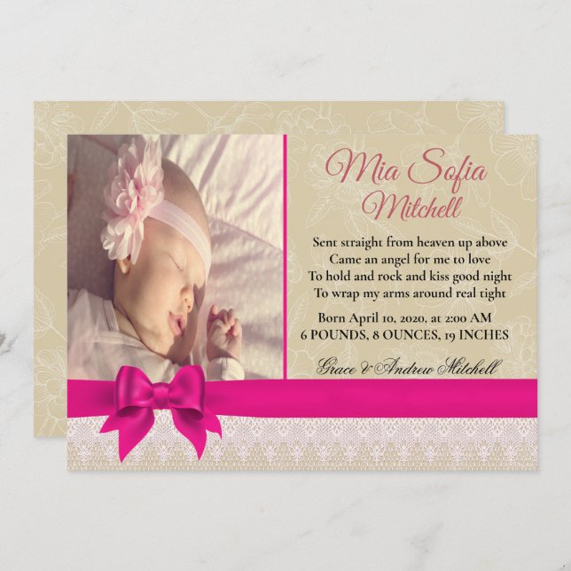 Simply Beautiful Baby Girl Birth Announcement (Front/Back)