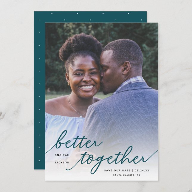 Simply Better Together Script Full Photo | Teal Save The Date (Front/Back)