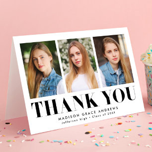 Simply Bold Black 3 Photo Graduation Thank You Card