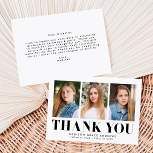 Simply Bold Black 3 Photo Graduation Thank You Card