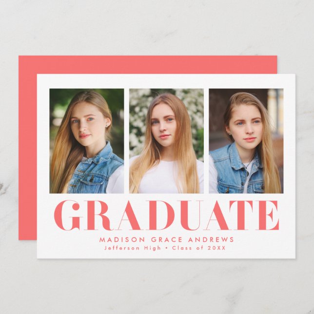Simply Bold Coral 3 Photo Graduation Party Invitation (Front/Back)