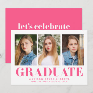 Simply Bold Hot Pink 3 Photo Graduation Party Invitation