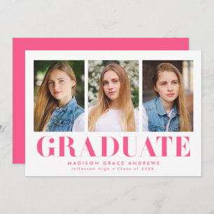 Simply Bold Hot Pink 3 Photo Graduation Party Invitation
