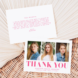 Simply Bold Hot Pink 3 Photo Graduation Thank You Card