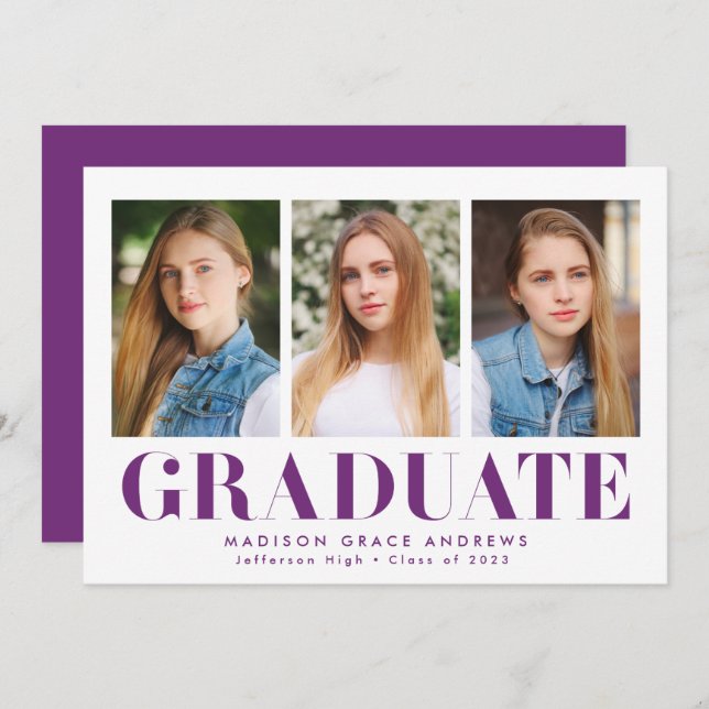 Simply Bold Purple 3 Photo Graduation Party Invitation (Front/Back)