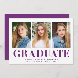 Simply Bold Purple 3 Photo Graduation Party Invitation