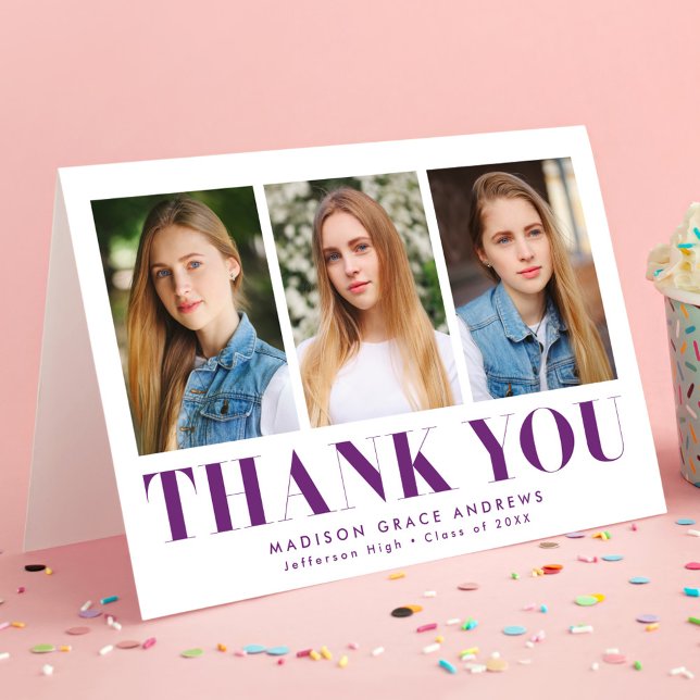 Simply Bold Purple 3 Photo Graduation Thank You Card (Creator Uploaded)