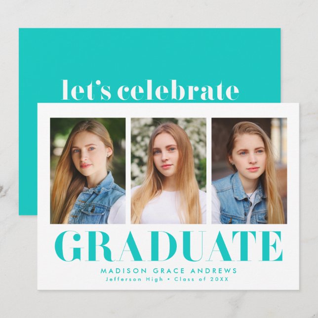 Simply Bold Turquoise 3 Photo Graduation Party Invitation (Front/Back)
